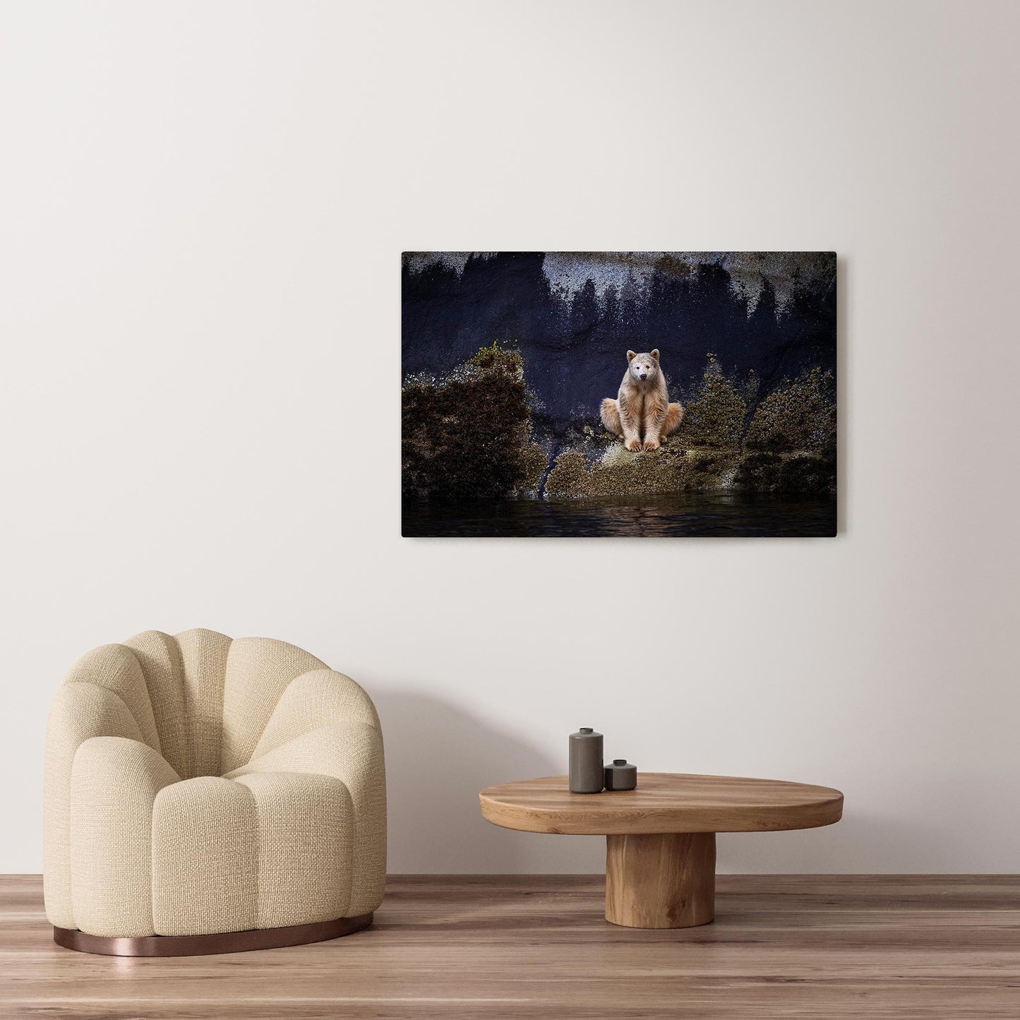 Michelle Valberg's Barney the Spirit Bear photography reproduced on HD metal print and displayed on wall