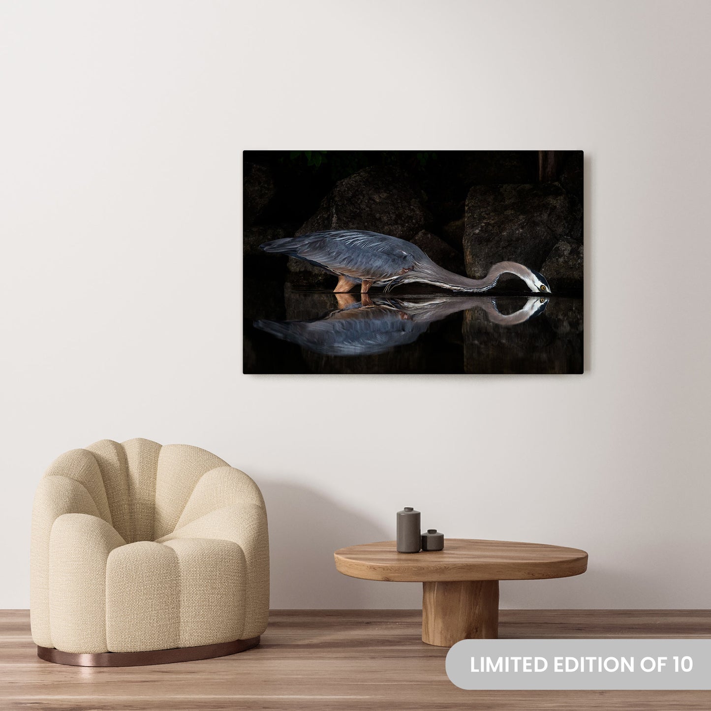 Michelle Valberg's Regal Blue Heron Gracing Sharbot Lake photography reproduced on a 36x54 HD metal print