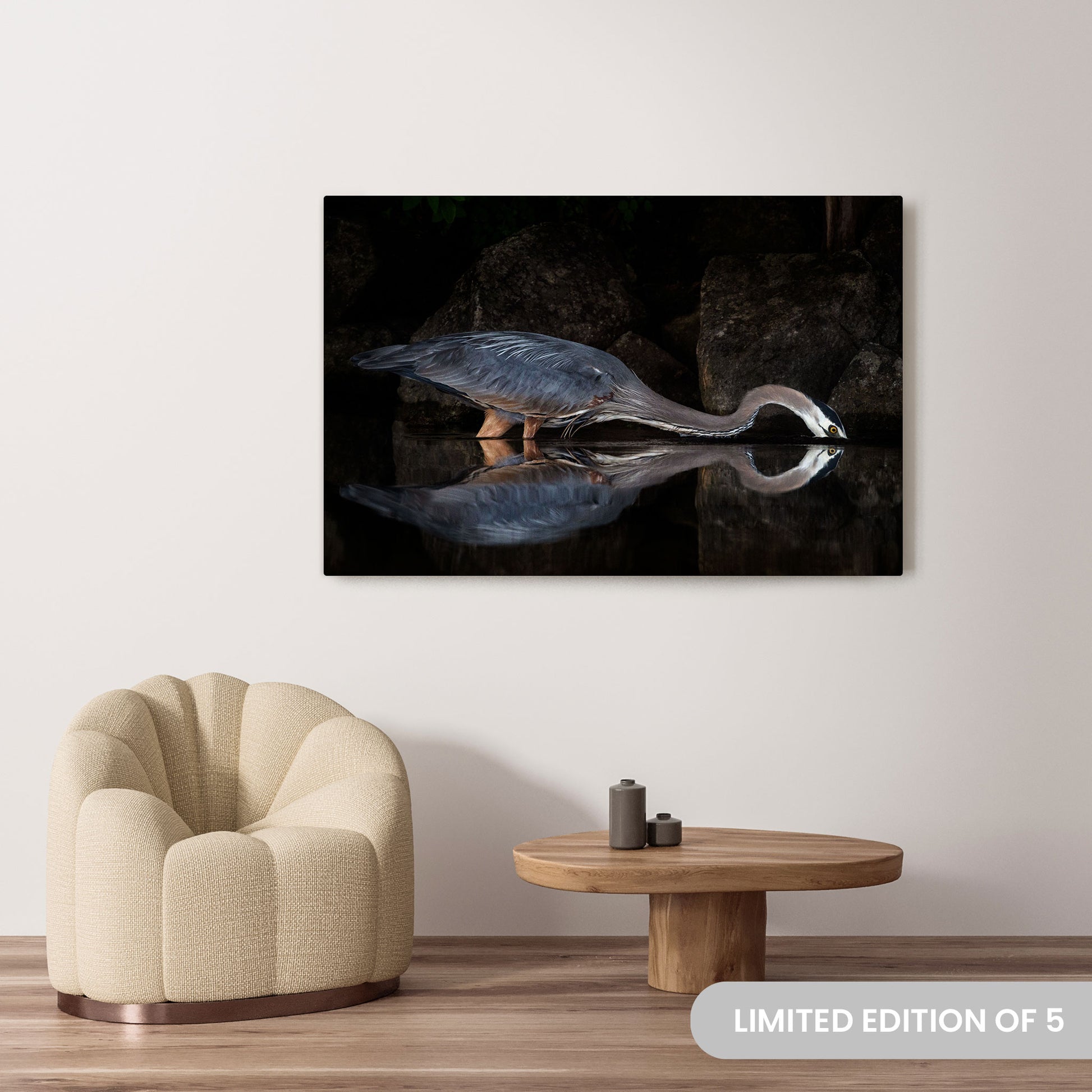 Michelle Valberg's Regal Blue Heron Gracing Sharbot Lake photography reproduced on a 40x60 HD metal print