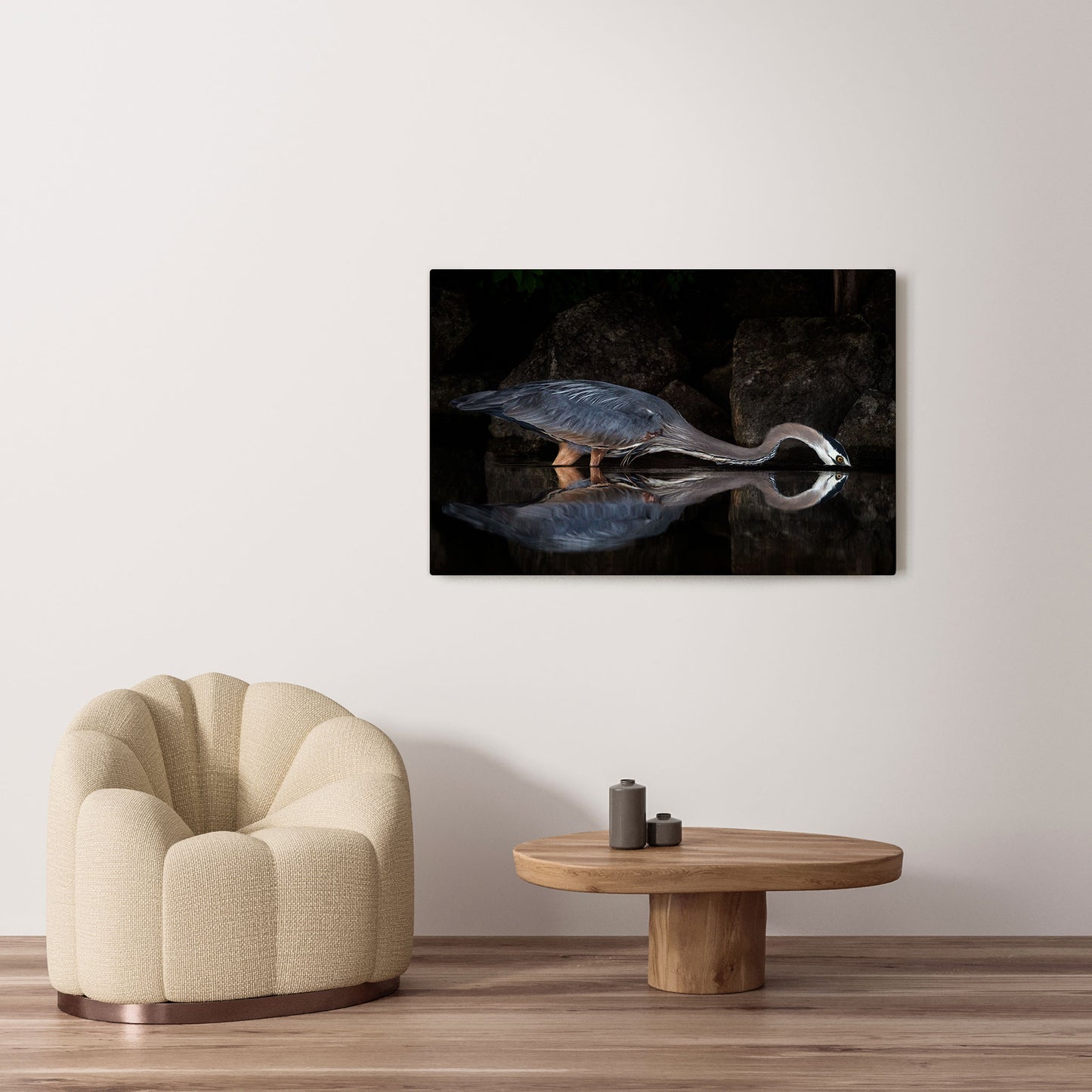 Michelle Valberg's Regal Blue Heron Gracing Sharbot Lake photography reproduced on HD metal print and displayed on wall