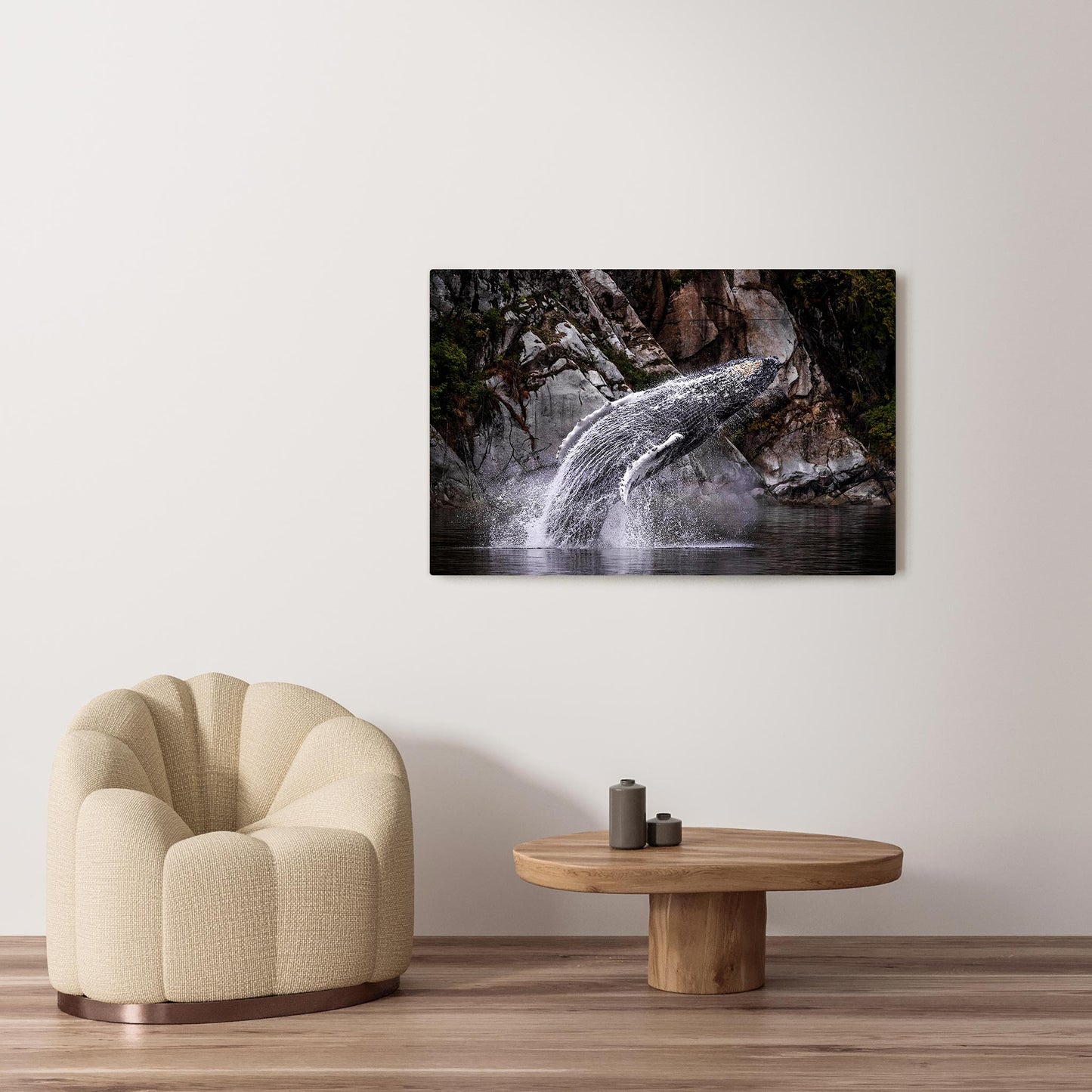 Michelle Valberg's Humpback Whale in Wide Waters photography reproduced on HD metal print and displayed on wall