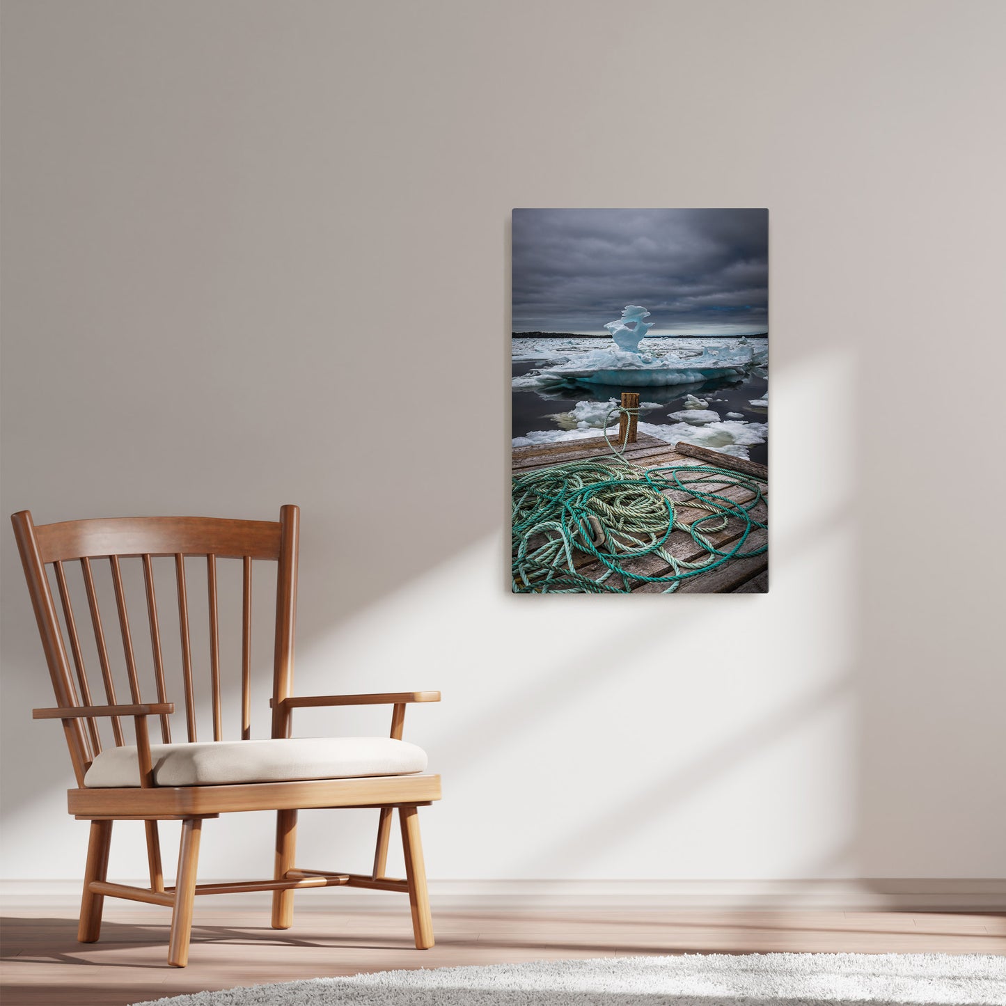 Ray Mackey's Boyds Cove Ice Angel photography reproduced on HD metal print and displayed on wall