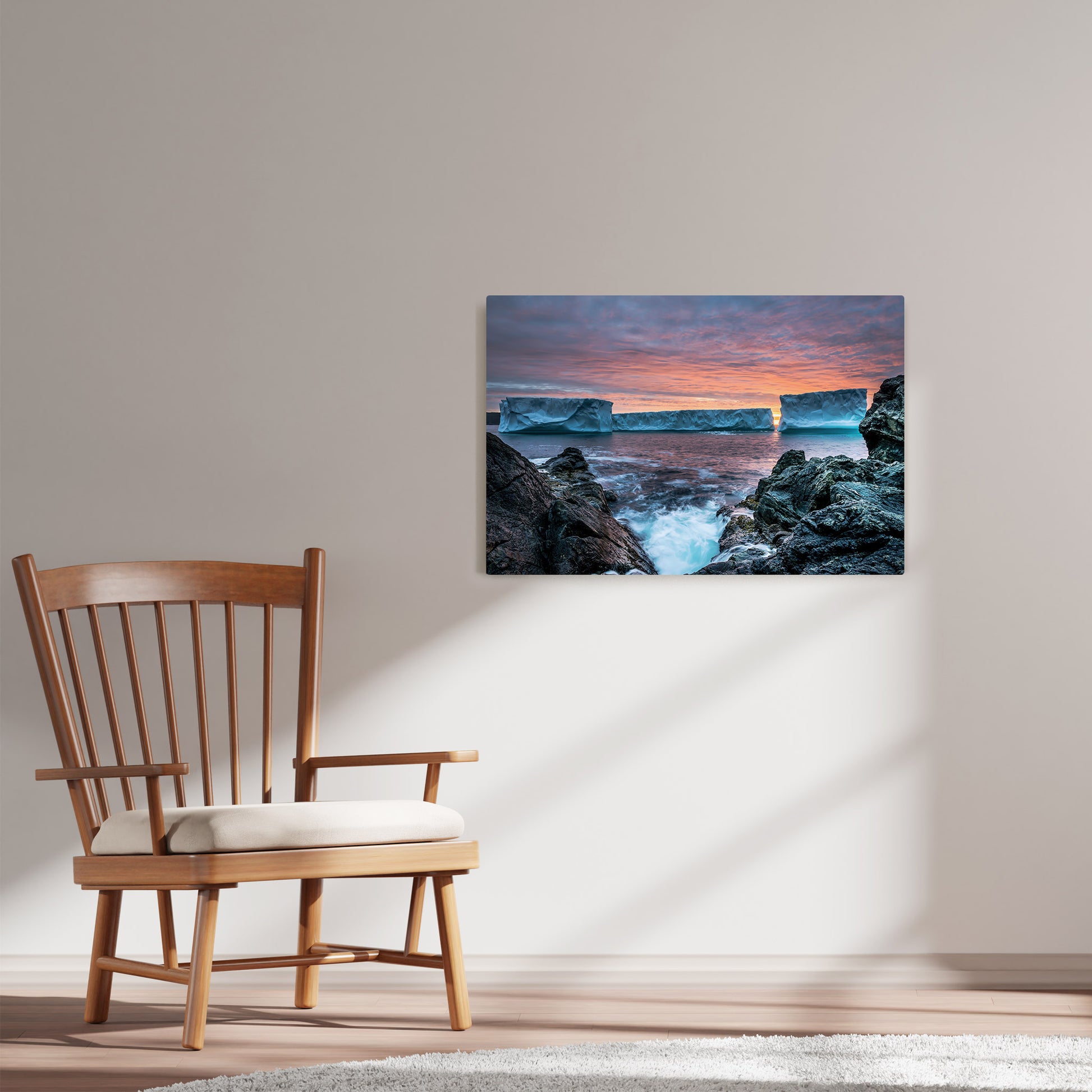 Ray Mackey's Brighton Berg Sunrise photography reproduced on HD metal print and displayed on wall
