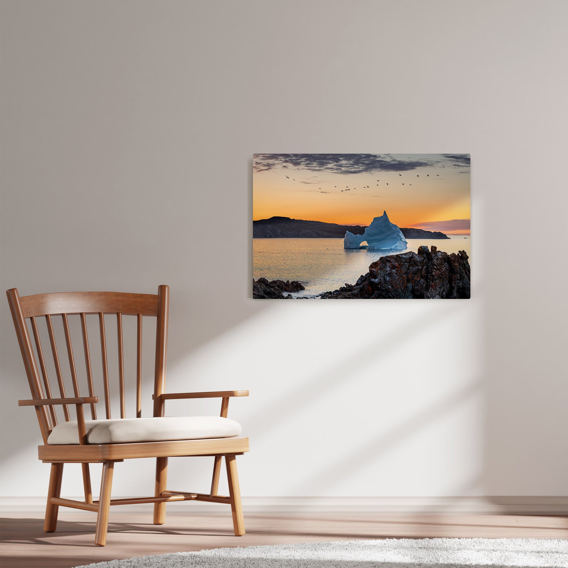 Ray Mackey's Twillingate Iceberg Ganetts photography reproduced on HD metal print and displayed on wall