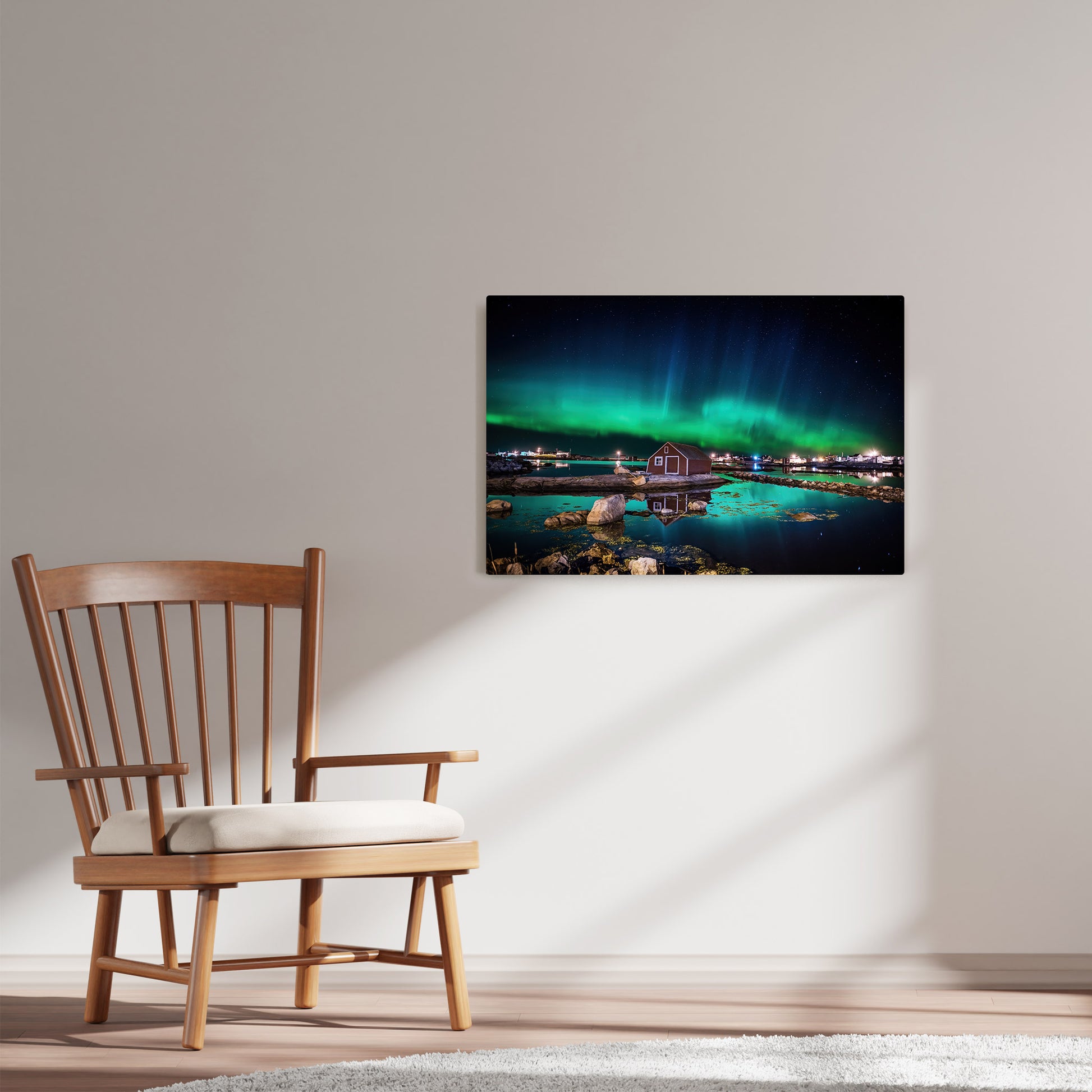 Ray Mackey's Tilting Aurora photography reproduced on HD metal print and displayed on wall