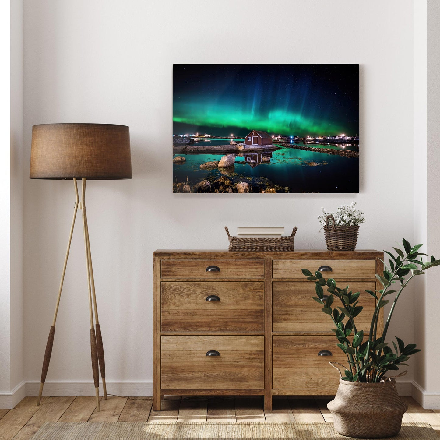 Ray Mackey's Tilting Aurora photography reproduced on HD metal print and hanging on accent wall wall