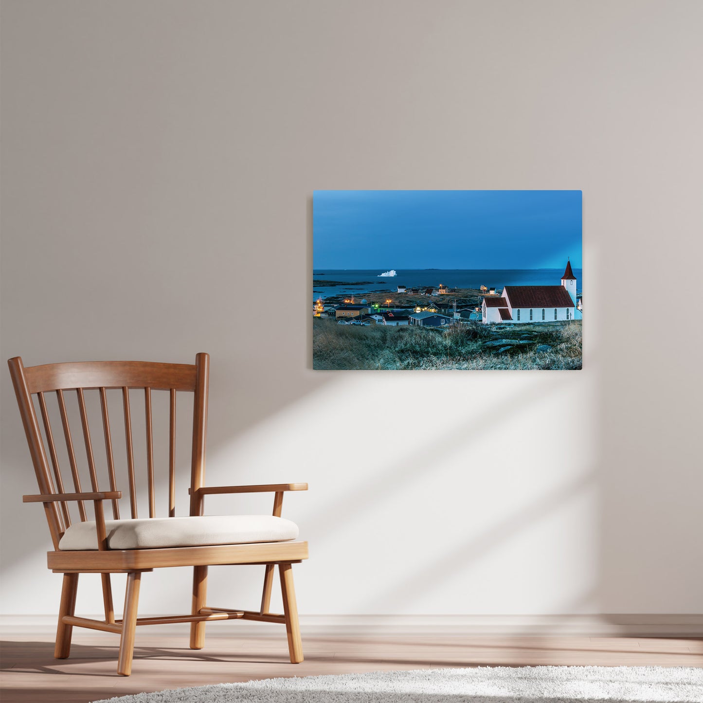 Ray Mackey's Greenspond Blue Hour photography reproduced on HD metal print and displayed on wall