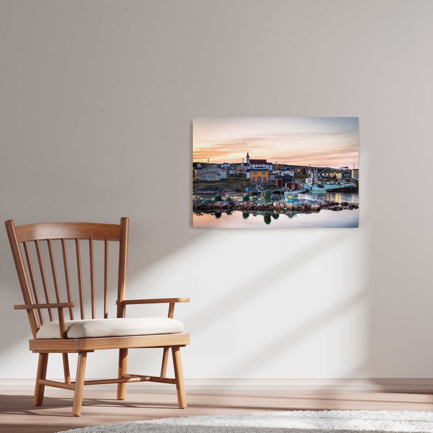 Ray Mackey's Greenspond photography reproduced on HD metal print and displayed on wall