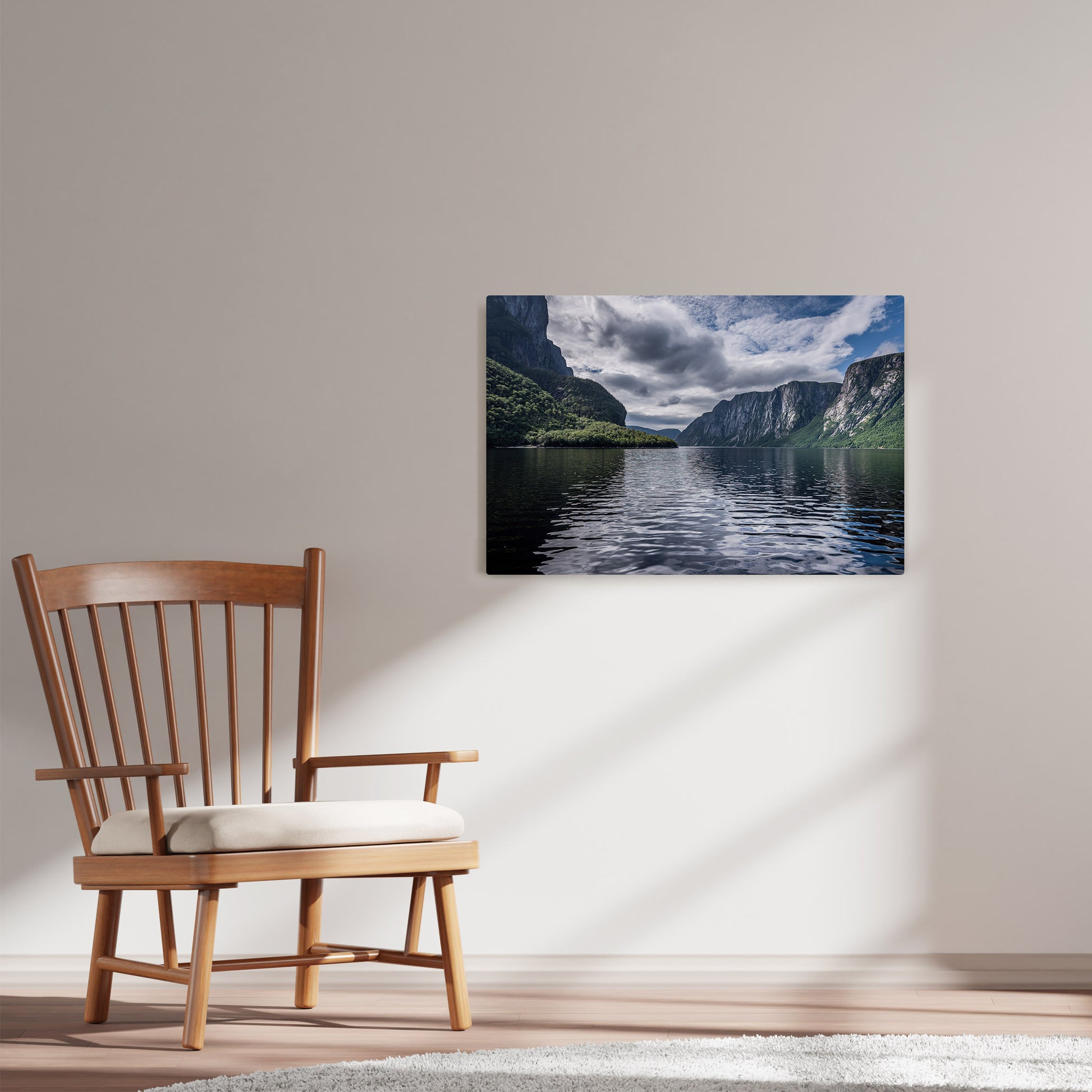 Ray Mackey's Gros Morne Western Brook Pond photography reproduced on HD metal print and displayed on wall