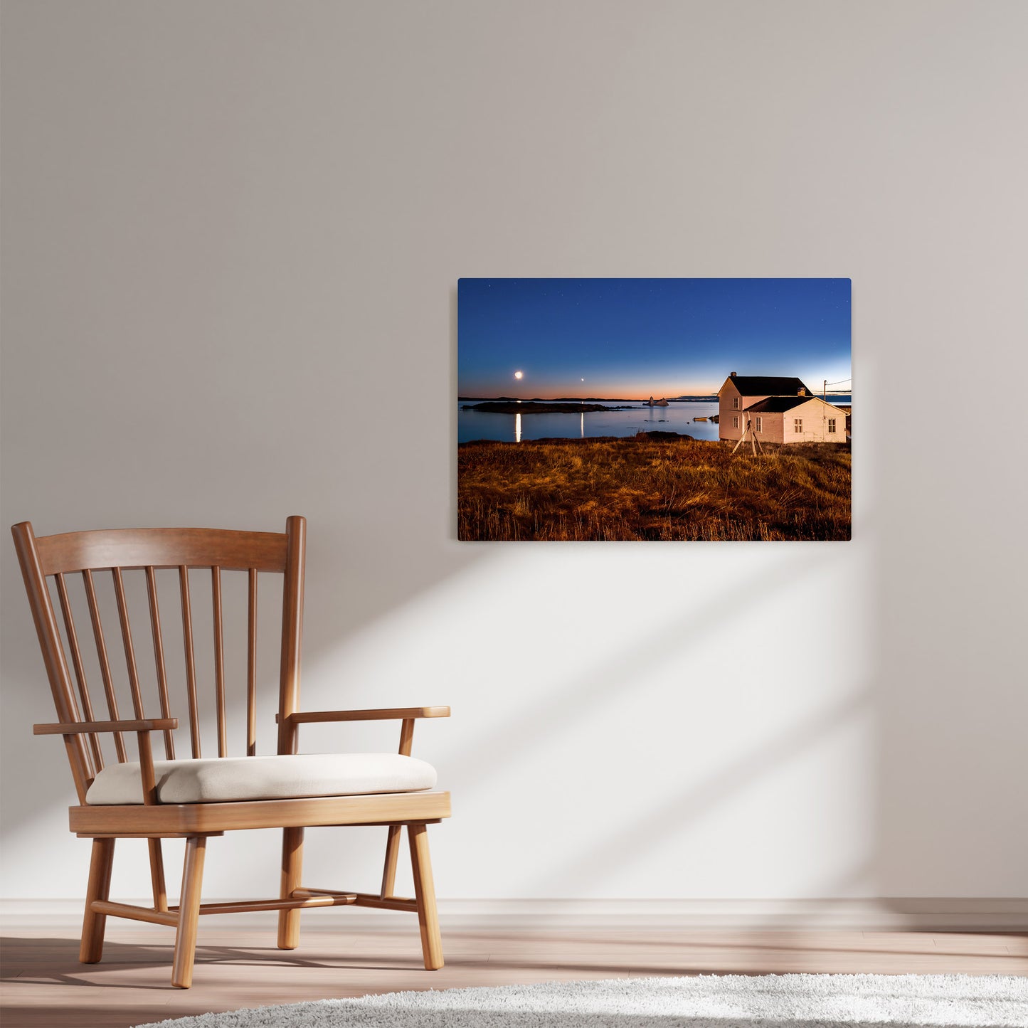 Ray Mackey's Island Harbour Moonlight photography reproduced on HD metal print and displayed on wall