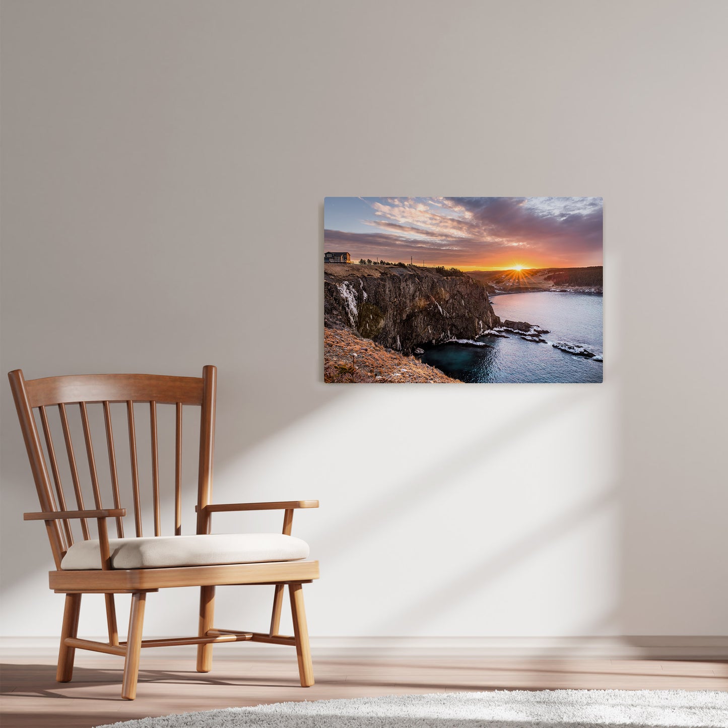 Ray Mackey's Middle Cove Shoreline photography reproduced on HD metal print and displayed on wall