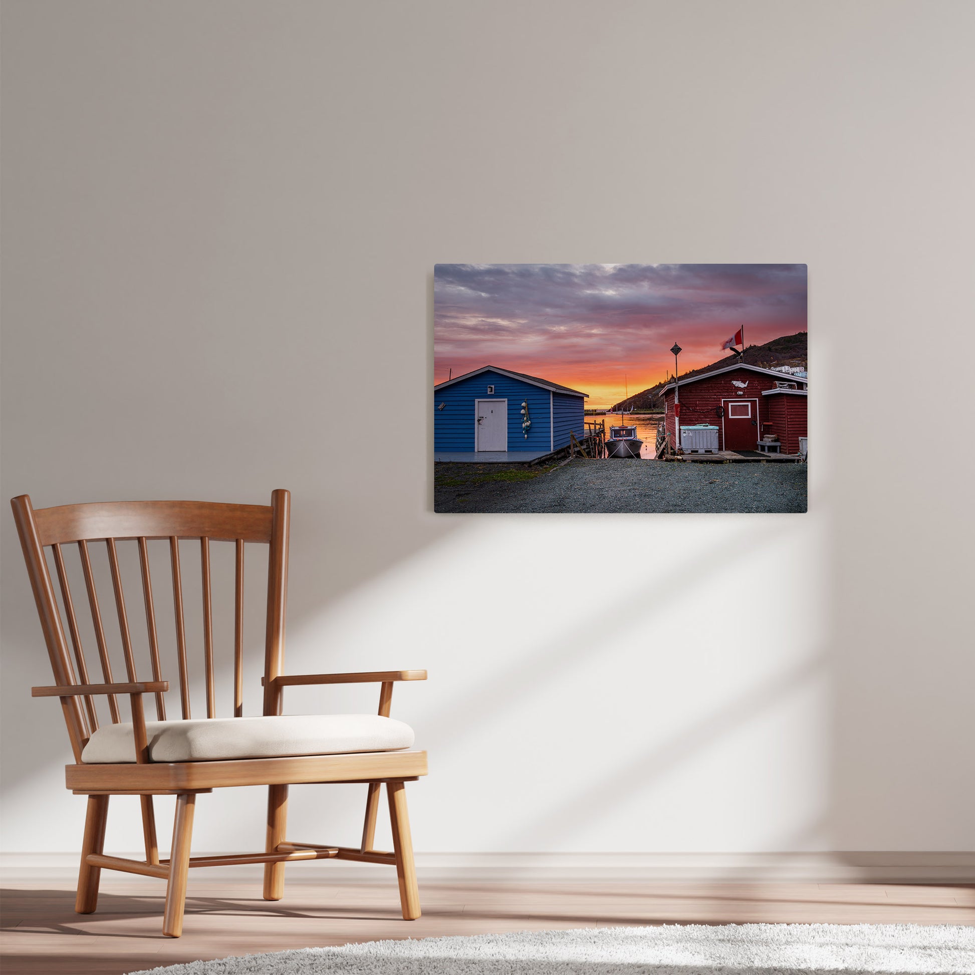 Ray Mackey's Petty Harbour Calm photography reproduced on HD metal print and displayed on wall