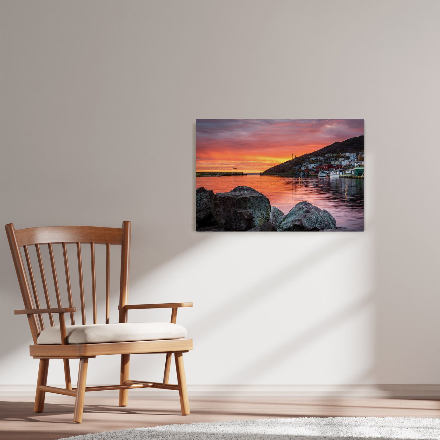 Ray Mackey's Petty Harbour Mornings photography reproduced on HD metal print and displayed on wall