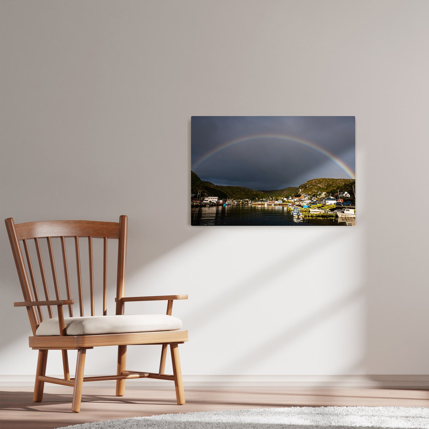 Ray Mackey's Petty Harbour Rainbow photography reproduced on HD metal print and displayed on wall