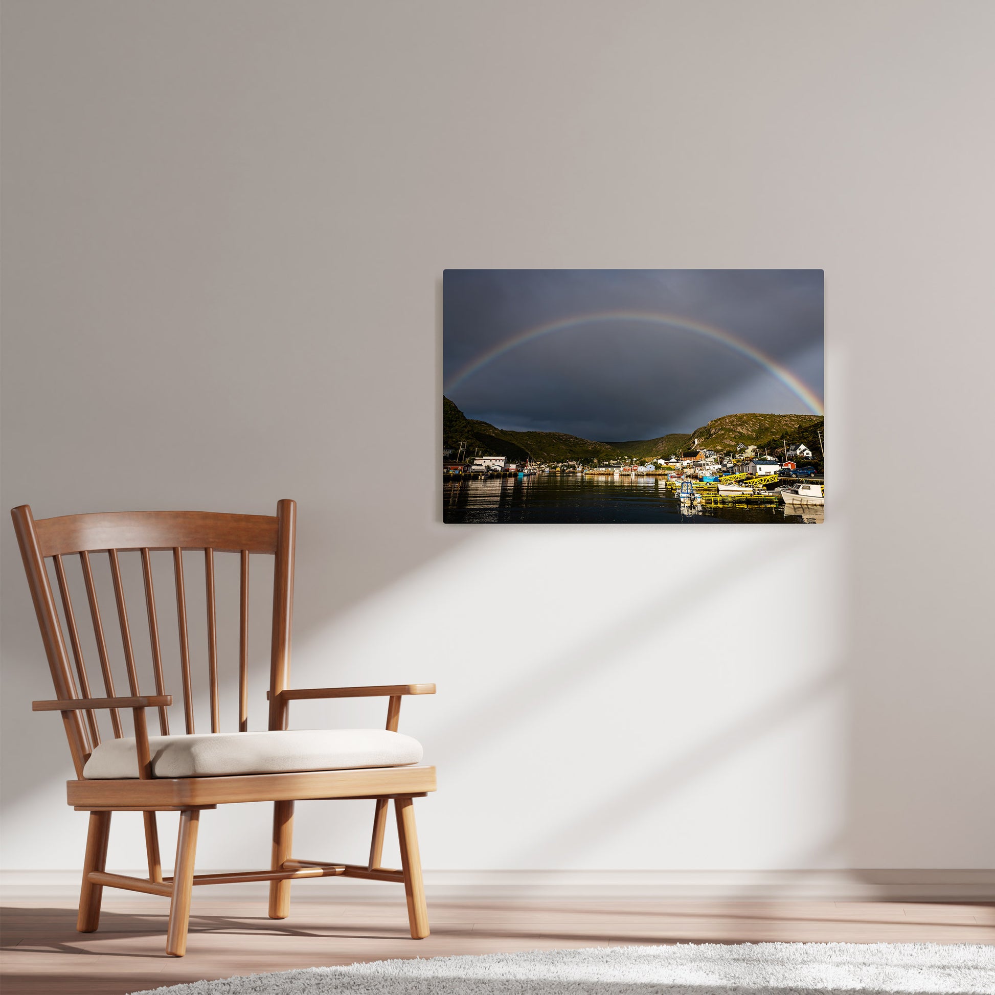 Ray Mackey's Petty Harbour Rainbow photography reproduced on HD metal print and displayed on wall