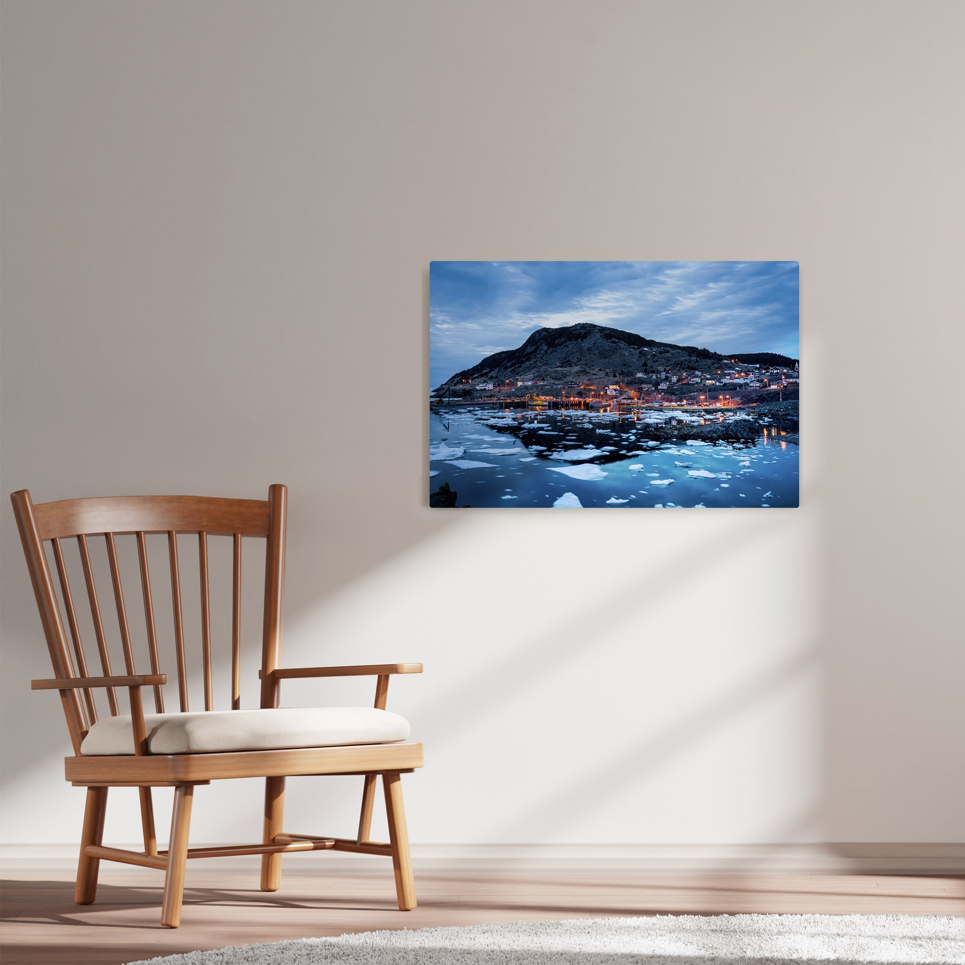 Ray Mackey's Portugal Cove Blue Hour Ice photography reproduced on HD metal print and displayed on wall