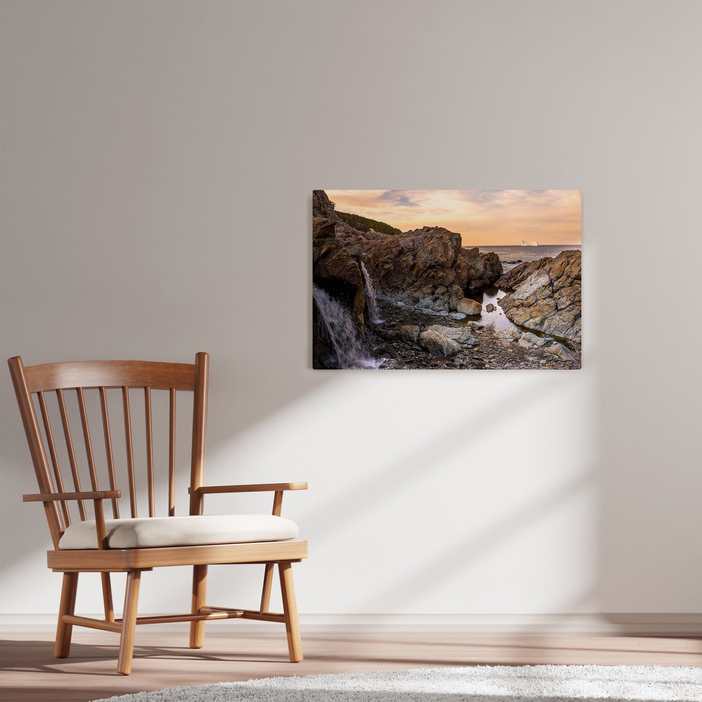 Ray Mackey's Pouch Cove Falls photography reproduced on HD metal print and displayed on wall