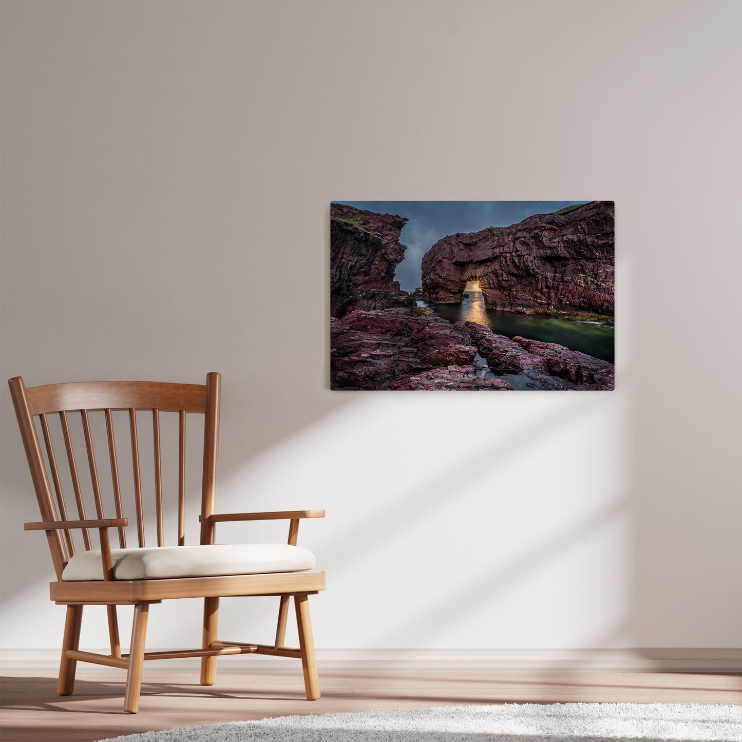 Ray Mackey's Tickle Cove Sunset photography reproduced on HD metal print and displayed on wall