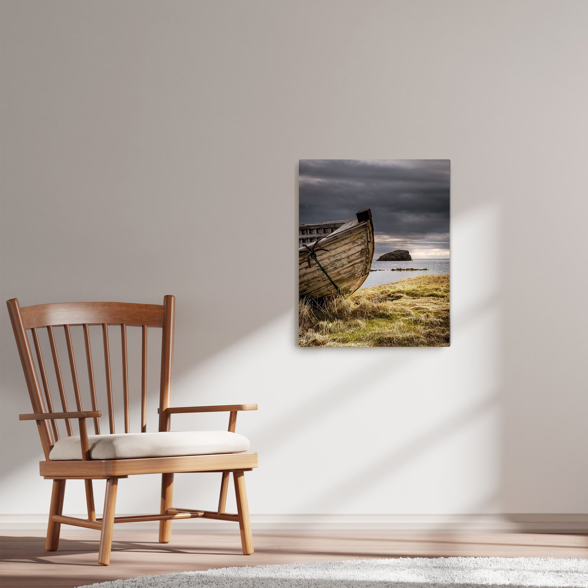 Ray Mackey's Back Harbour Skiff photography reproduced on HD metal print and displayed on wall