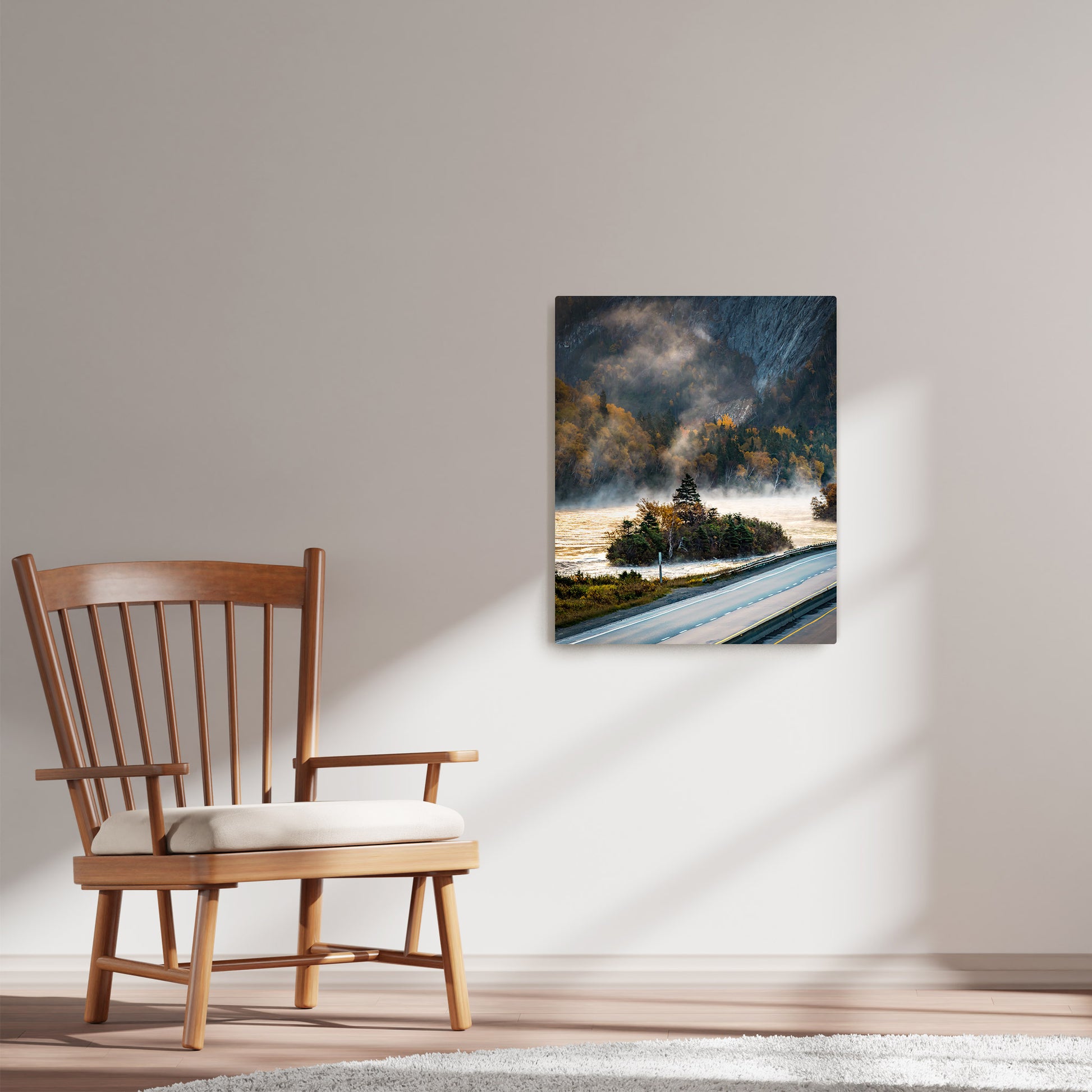 Ray Mackey's Humber River Mist photography reproduced on HD metal print and displayed on wall