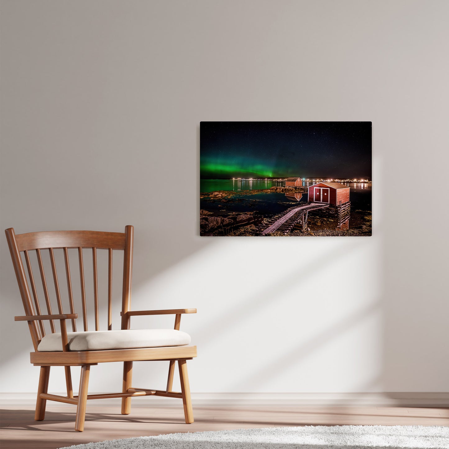 Ray Mackey's Joe Batt's Arm Aurora photography reproduced on HD metal print and displayed on wall