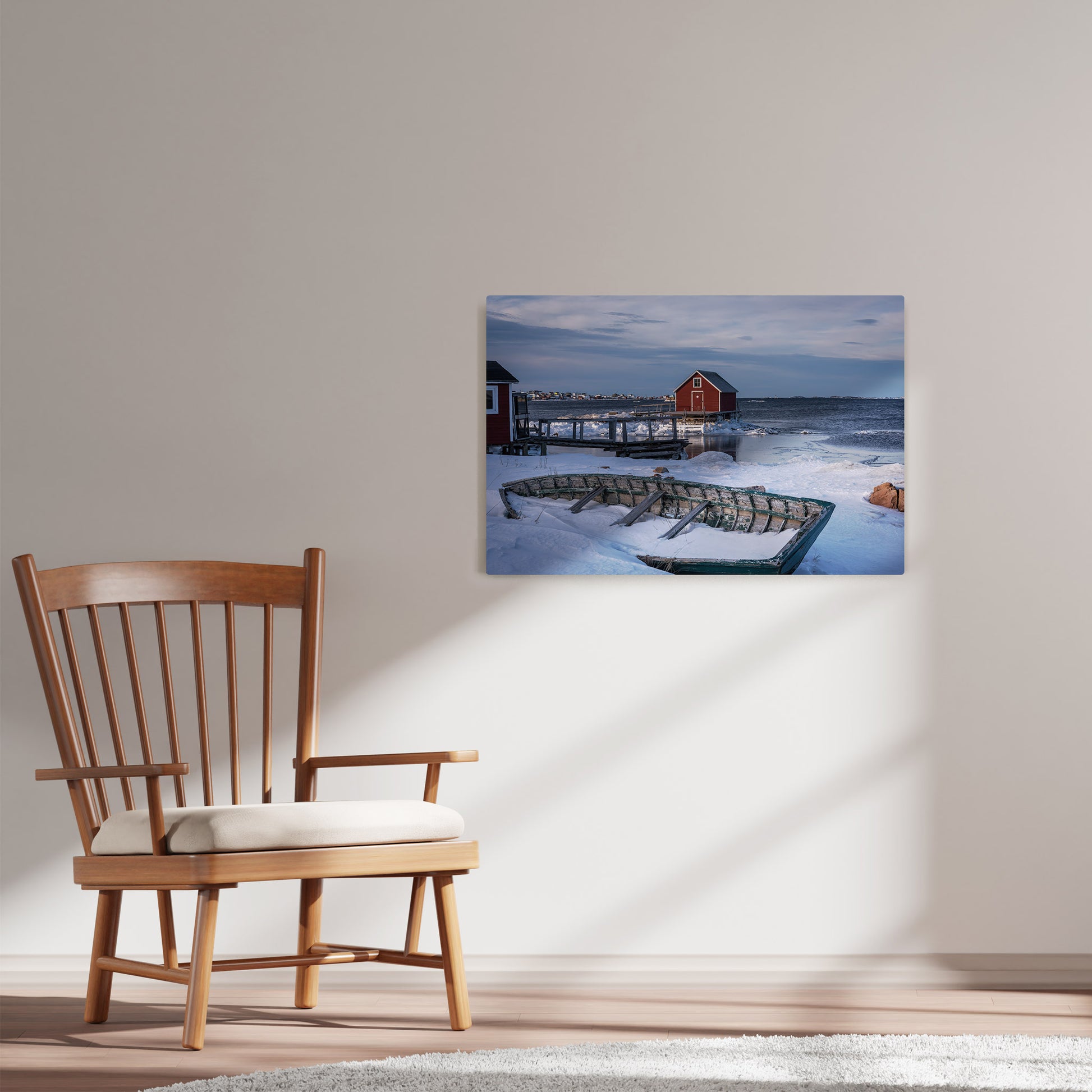 Ray Mackey's Joe Batt's Arm Winter photography reproduced on HD metal print and displayed on wall