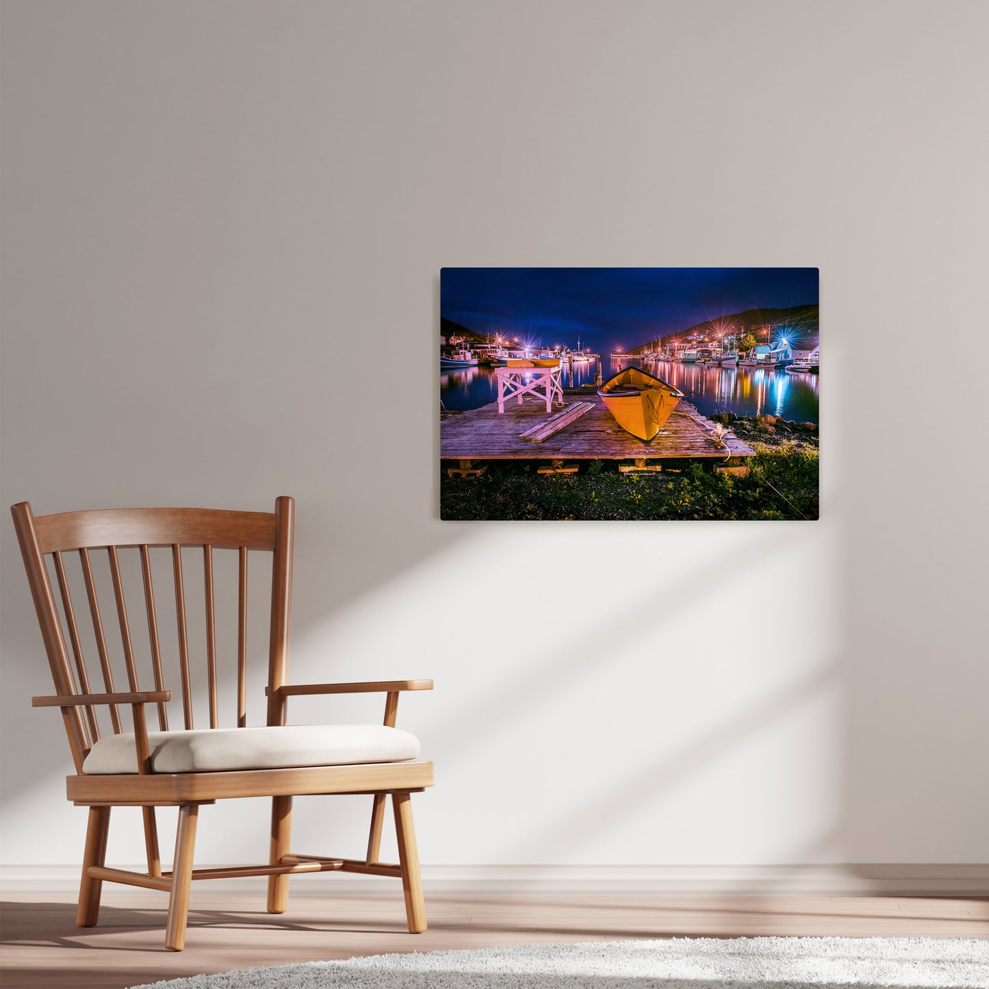 Ray Mackey's Petty Harbour Nights photography reproduced on HD metal print and displayed on wall