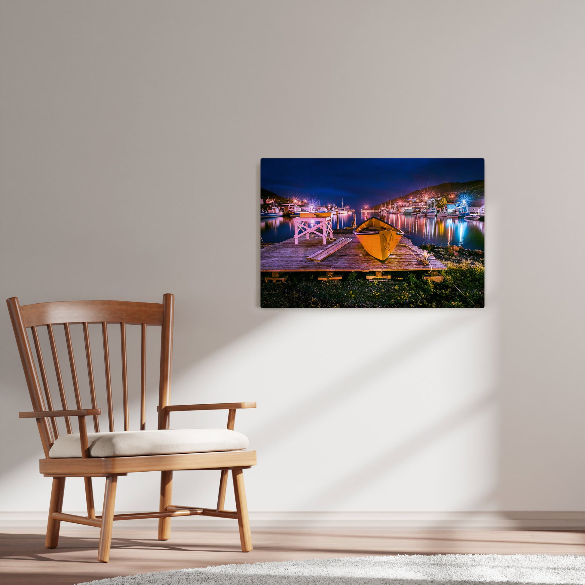 Ray Mackey's Petty Harbour Nights photography reproduced on HD metal print and displayed on wall