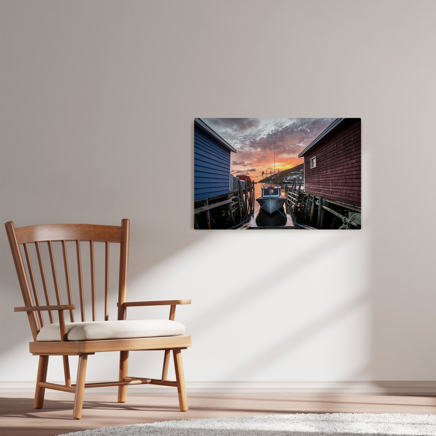 Ray Mackey's Petty Harbour Stages photography reproduced on HD metal print and displayed on wall
