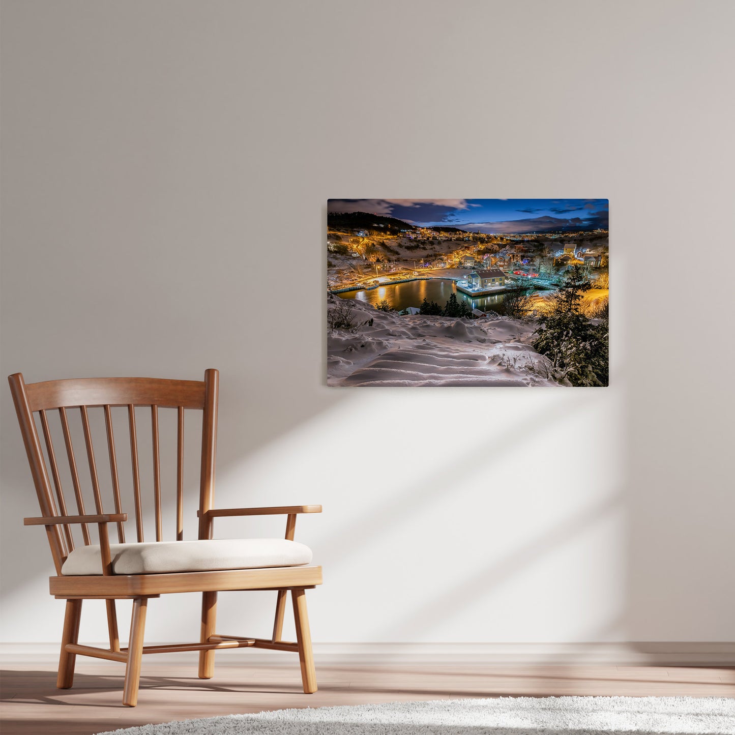 Ray Mackey's Quidi Vidi Snowfall photography reproduced on HD metal print and displayed on wall