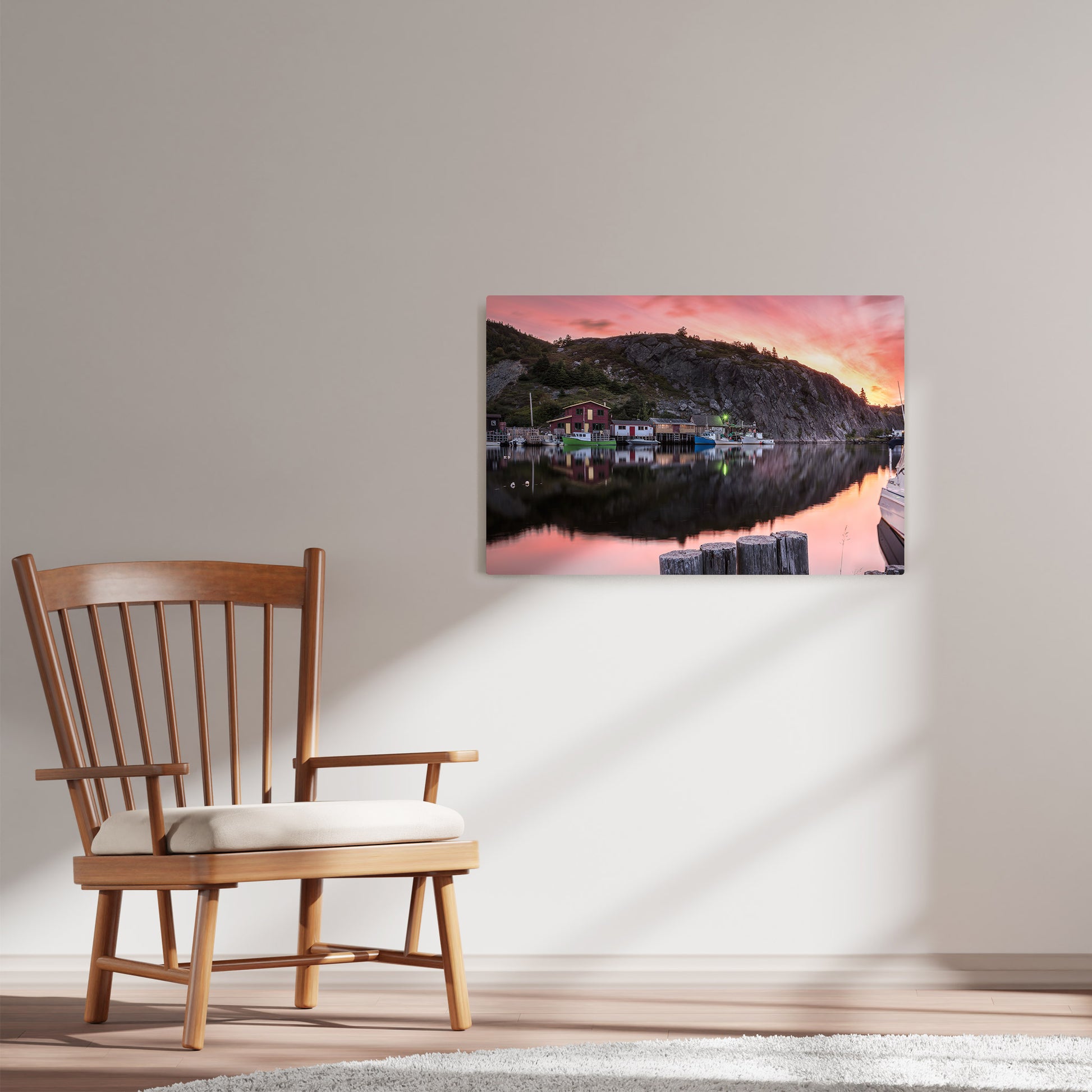 Ray Mackey's Quidi Vidi Sunrise photography reproduced on HD metal print and displayed on wall