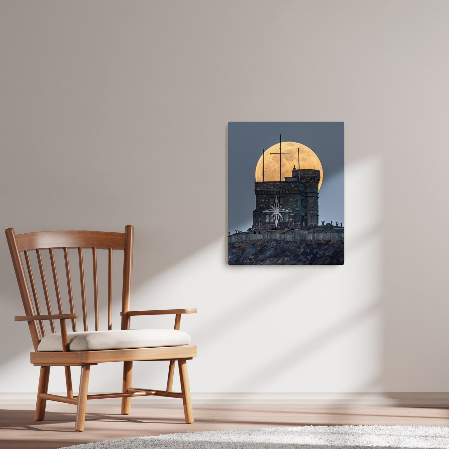 Ray Mackey's Cabot Tower Worm Moon photography reproduced on HD metal print and displayed on wall