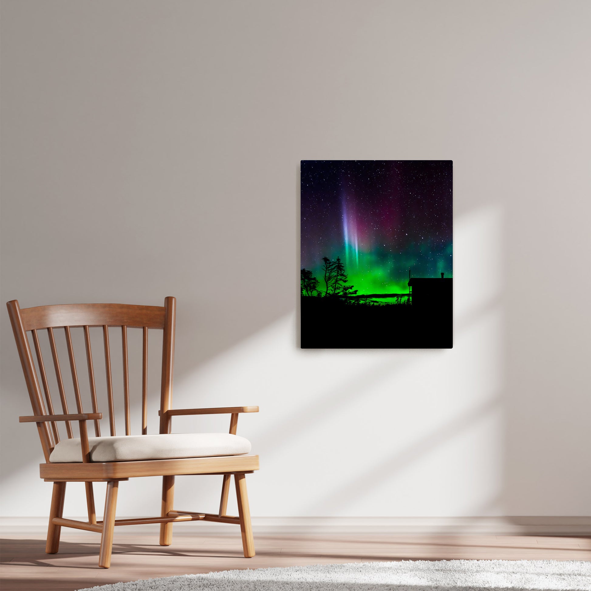 Ray Mackey's Gaff Topsails Aurora photography reproduced on HD metal print and displayed on wall