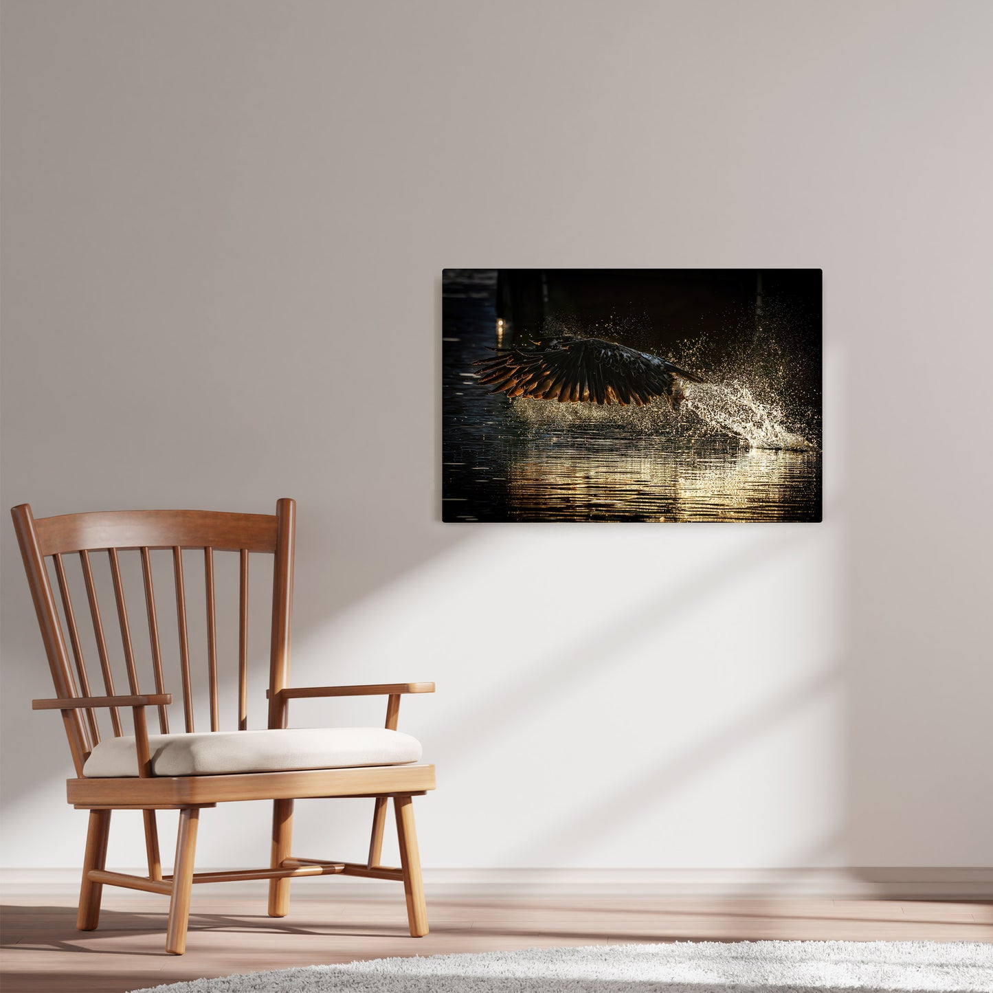 Ray Mackey's Eagle's Retrieving Light  photography reproduced on HD metal print and displayed on wall