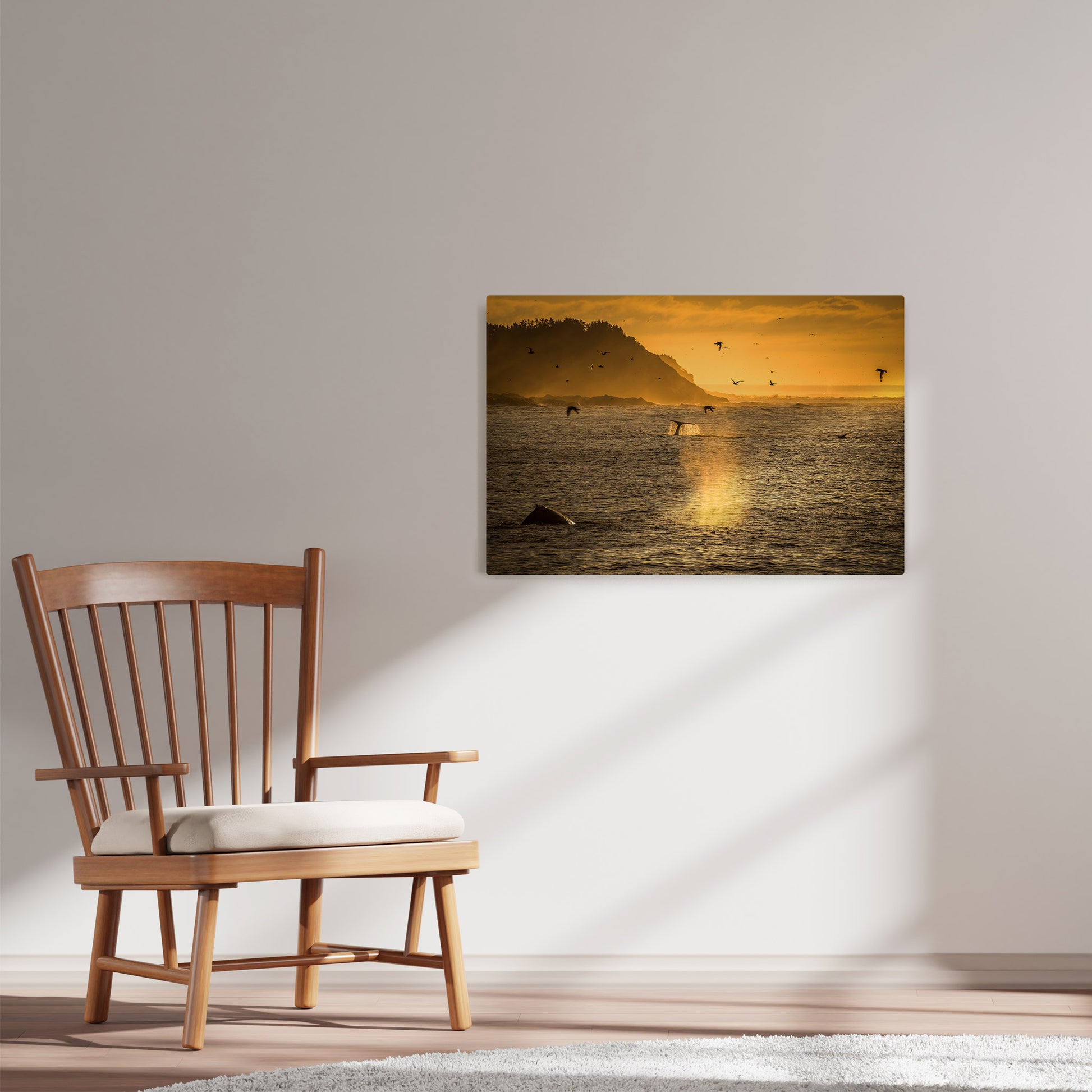 Ray Mackey's Mobile Whales photography reproduced on HD metal print and displayed on wall