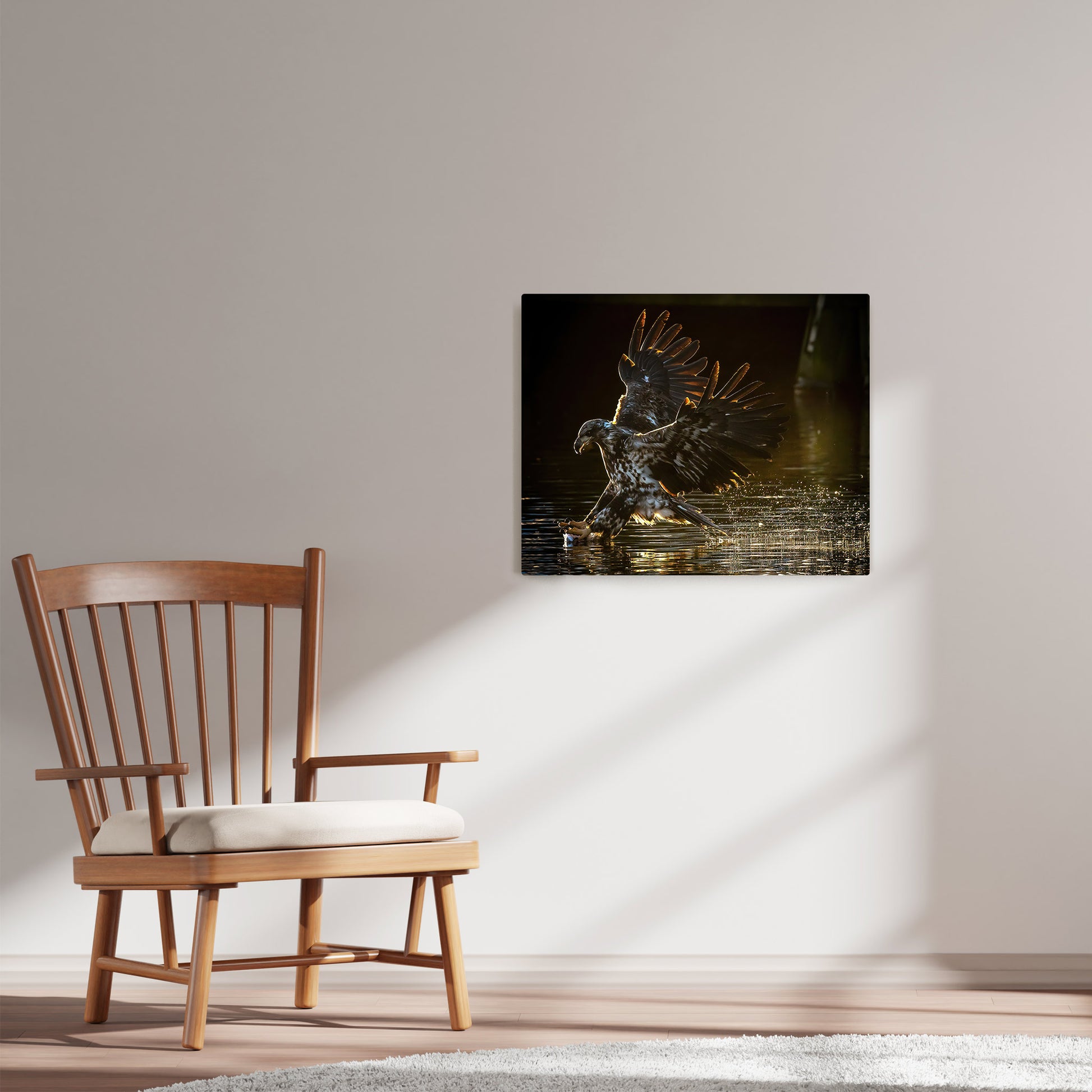 Ray Mackey's Eagle Lighting photography reproduced on HD metal print and displayed on wall