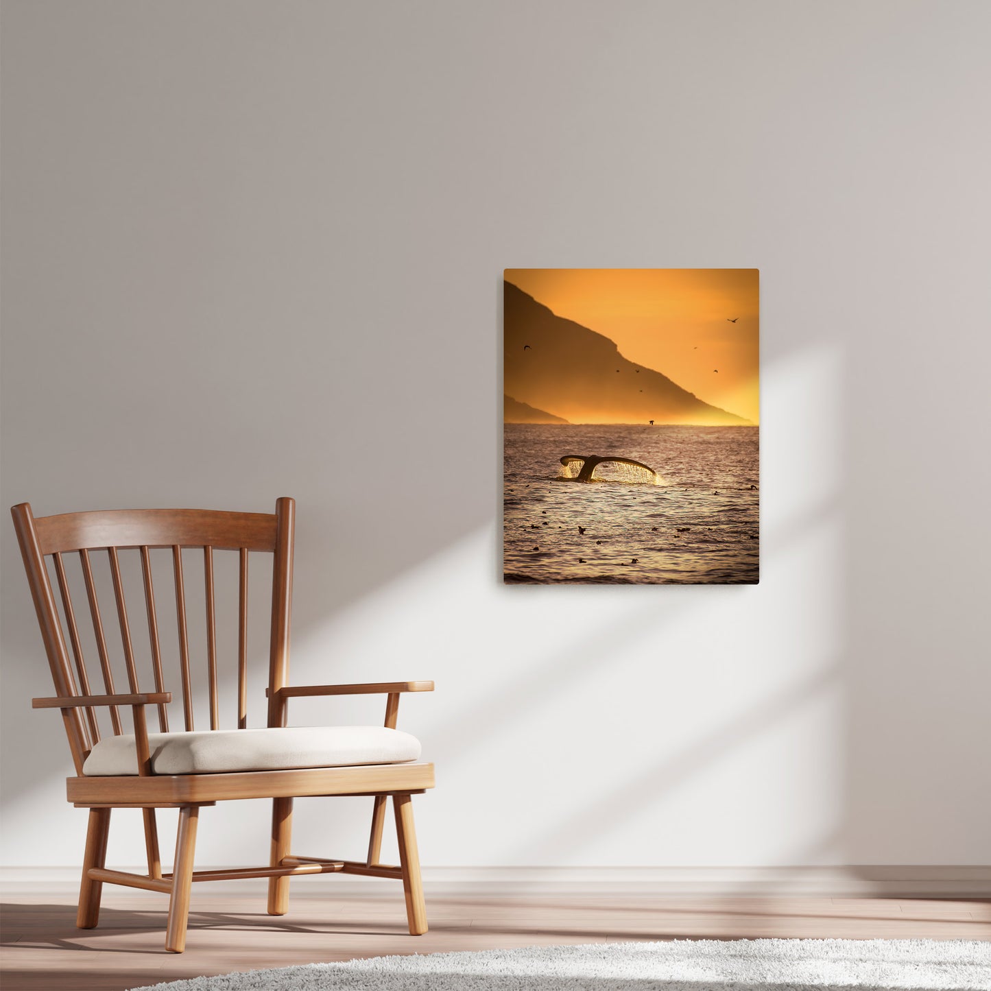 Ray Mackey's Witless Bay Whale Morning photography reproduced on HD metal print and displayed on wall